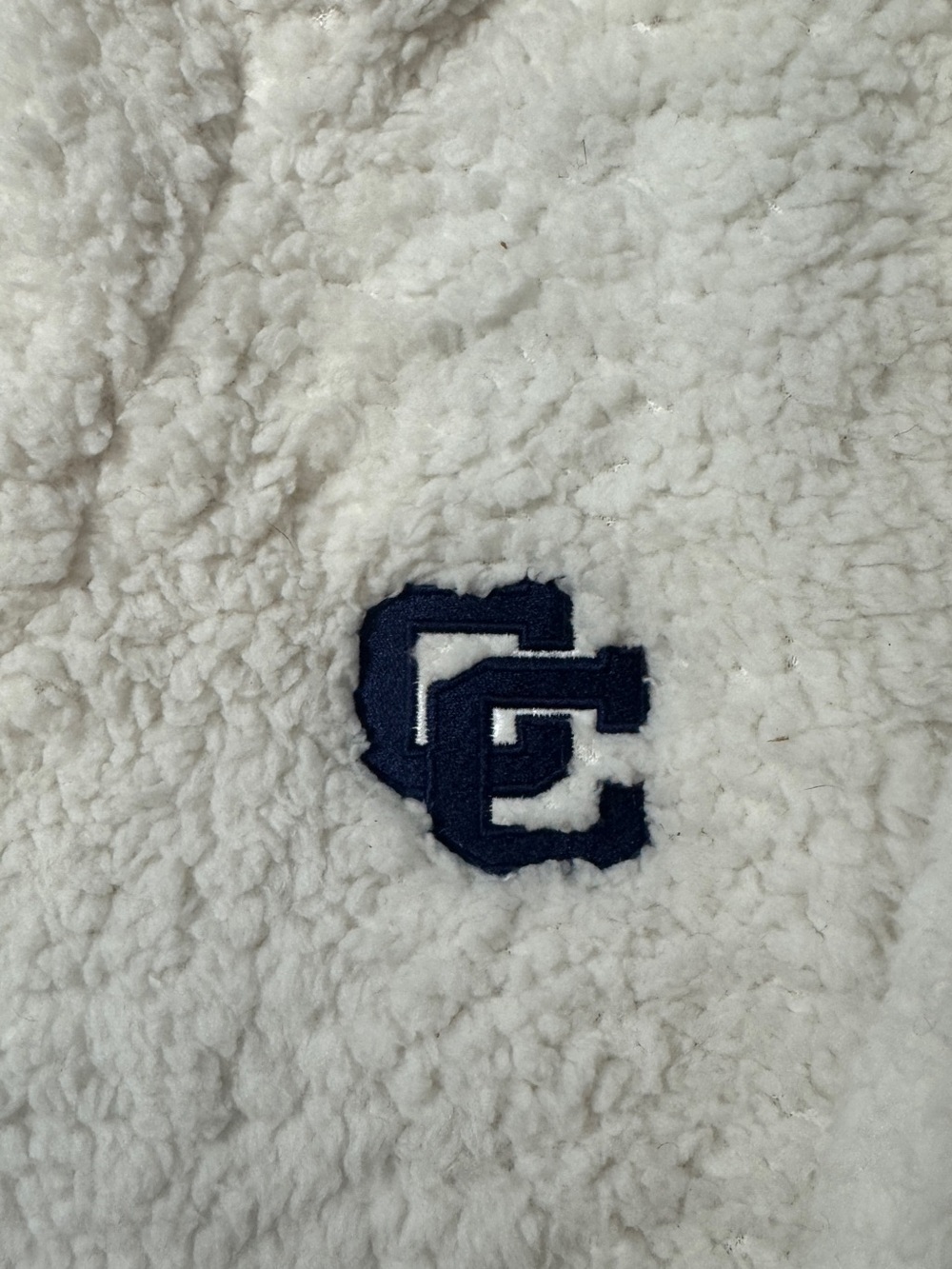 Cream Teddy Sherpa Jacket with Navy Logo Embroidery